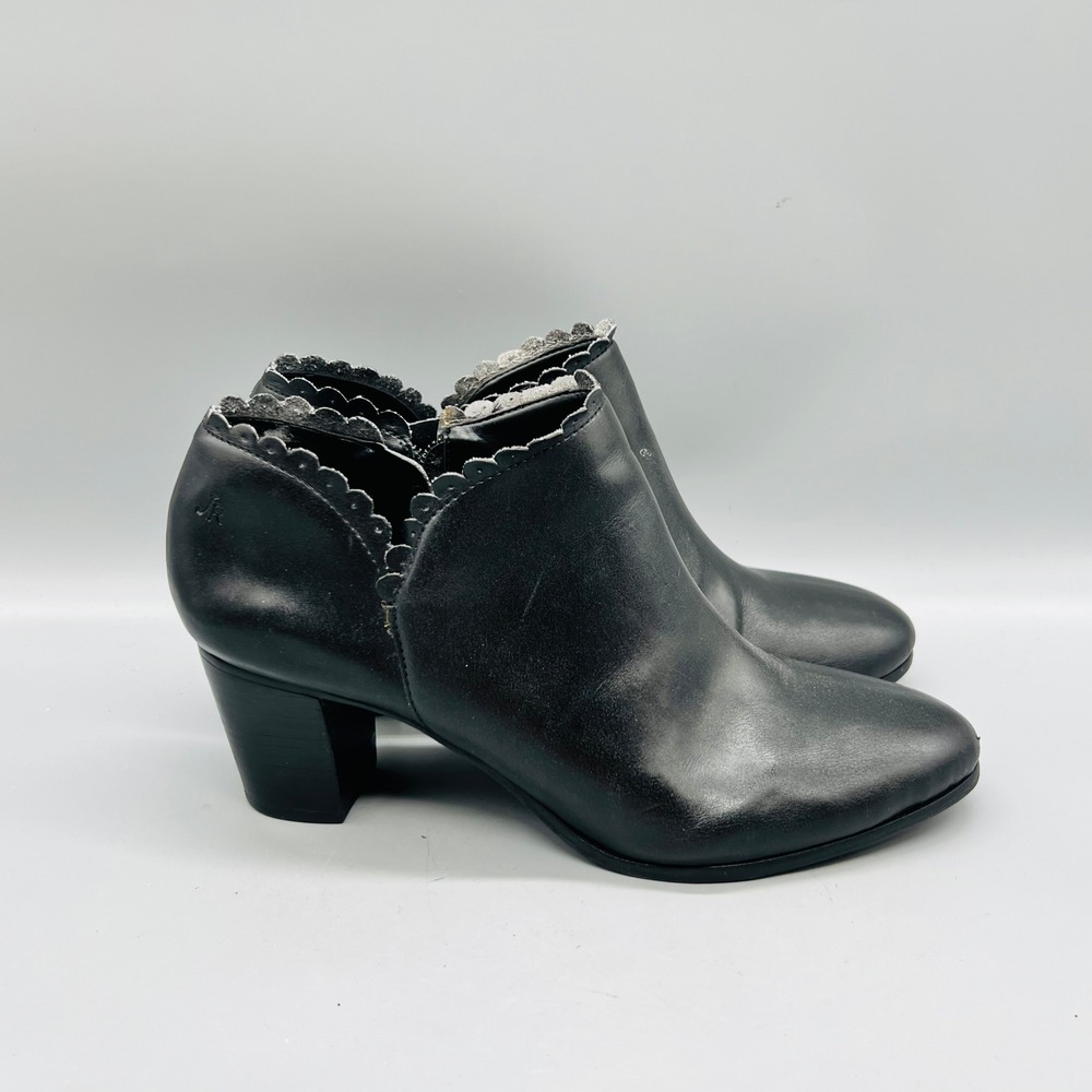 Jack Rogers Boots Womens 9 Black Leather Ankle Scalloped Trim Block Heel Shoes